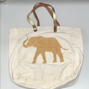 Source Unknown Cream Canvas Tote Gold Elephant Patch / Metallic Leather Handles